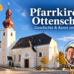Pfarrkirche Ottenschlag – Geschichte und Kunst entdecken - Ferienwohnungen Gutenbrunn Pfarrkirche Ottenschlag against a blue sky with autumn trees; overlaid headline invites to explore history and art; circular inset of a smiling couple.