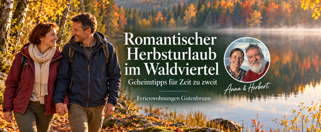 Romantická podzimní dovolená ve Waldviertelu – skryté tipy – Apartmány Gutenbrunn Pár na dovolené se prochází ruku v ruce u podzimního lesního jezera, vedle nich jsou na fotografii Anna a Herbert.