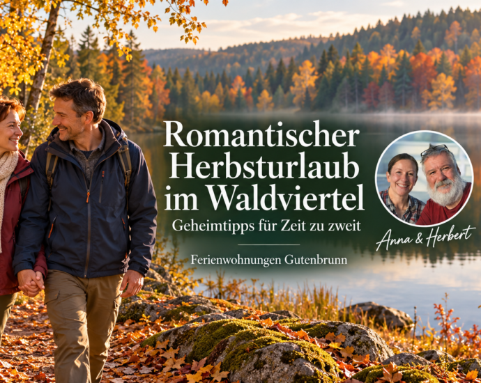 Pár na dovolené se prochází ruku v ruce u podzimního lesního jezera, vedle nich jsou na fotografii Anna a Herbert.