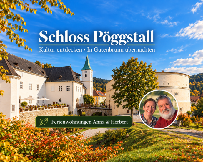 KI-generiertes Beitragsbild von Schloss Pöggstall mit Foto-Badge von Anna und Herbert.