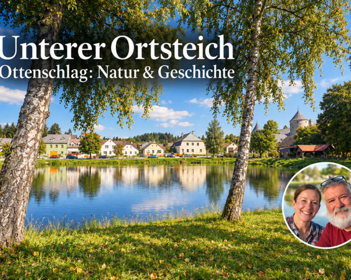 I-generierte Ansicht des Unteren Ortsteichs Ottenschlag mit Spiegelungen, Häusern, Schlosstürmen und einem Foto-Badge von Anna und Herbert.