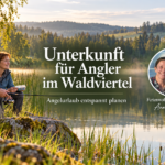 Accommodations for Anglers in the Waldviertel Region - Gutenbrunn Vacation Rentals Ngler and her companion by a quiet forest pond; next to them, Anna and Herbert on a photo badge.