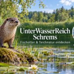Schrems Underwater Kingdom – Visitor Guide - Gutenbrunn Vacation Rentals An otter by a pond with reeds and water lilies; next to it, Anna and Herbert on a photo badge.