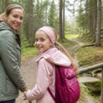 abenteuerwanderwege-fur-kinder-im-waldviertel-1792237050 - Ferienwohnungen Gutenbrunn Woman and girl with backpacks walk along a forest trail, holding hands and smiling at the camera.