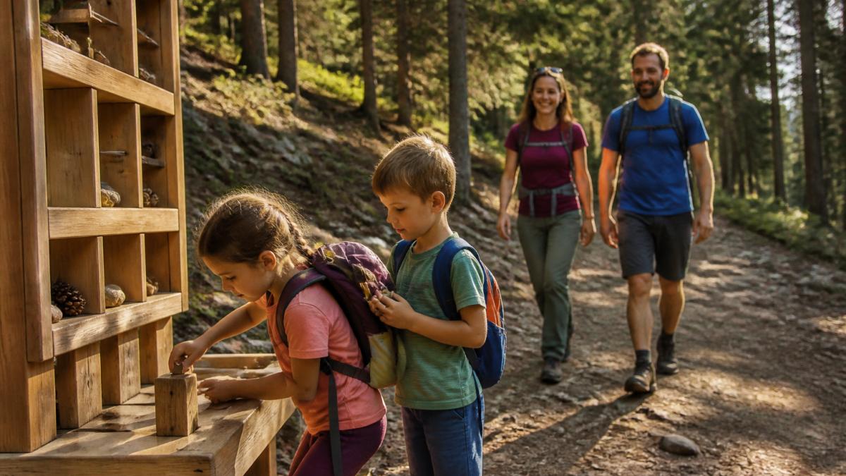 Kinder in Wanderkleidung erkunden einen beschilderten Waldweg mit Abenteuerstationen, spielen mit Naturmaterialien an einer Rätselstation, während Eltern entspannt in der Nähe folgen