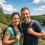 aktivní-dovolená-ve-Waldviertelu-pro-páry-2026-1790334508 - Prázdninové apartmány Gutenbrunn Usmívající se pár s batohy pózuje na lesní stezce u řeky a kopců pod modrou oblohou.
