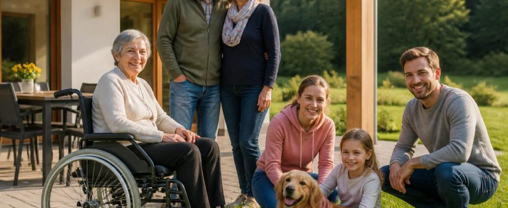 Hatfős, több generációt magában foglaló család a teraszon, egy kerekesszékes nagymamával és egy golden retrieverrel a közelben.