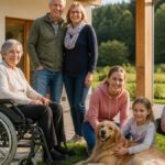 Find an Alternative to Overcrowded Hotels in the Waldviertel - 1791308378 - Gutenbrunn Vacation Rentals A multigenerational family of six outdoors on a patio, with a grandmother in a wheelchair and a golden retriever nearby.