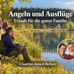 Angeln und Ausflüge: Urlaub für die ganze Familie - Ferienwohnungen Gutenbrunn Mann beim Angeln am Waldteich, während eine Frau mit zwei Kindern spazieren geht; mit Anna-und-Herbert-Badge.