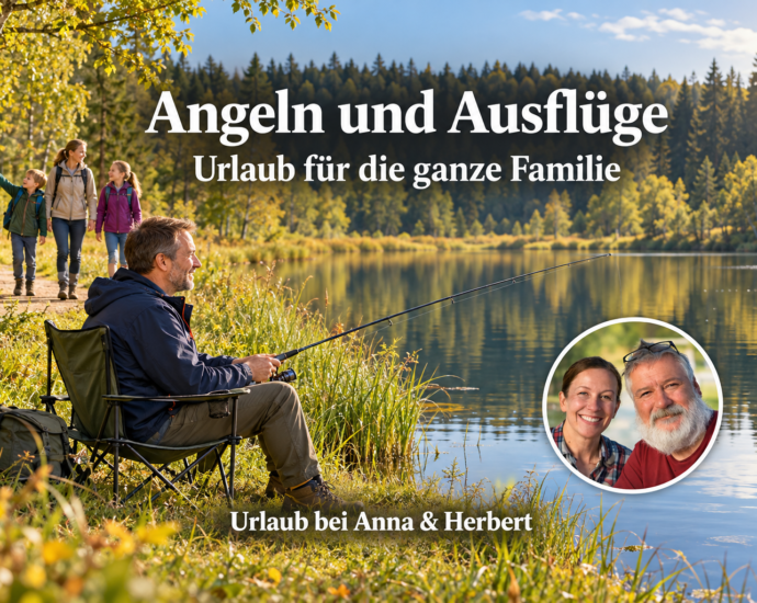 Angeln und Ausflüge: Urlaub für die ganze Familie - Ferienwohnungen Gutenbrunn Mann beim Angeln am Waldteich, während eine Frau mit zwei Kindern spazieren geht; mit Anna-und-Herbert-Badge.