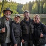 angeln-im-waldviertel-naturerlebnis-abseits-der-touristenpfade-1790724904 - Ferienwohnungen Gutenbrunn Four people in outdoor gear posing with fishing rods by a calm lake, surrounded by trees, smiling at the camera.