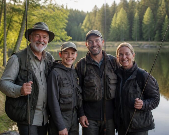Čtyři lidé v outdoorovém oblečení pózují s rybářskými pruty u klidného jezera obklopeného stromy a usmívají se do objektivu.