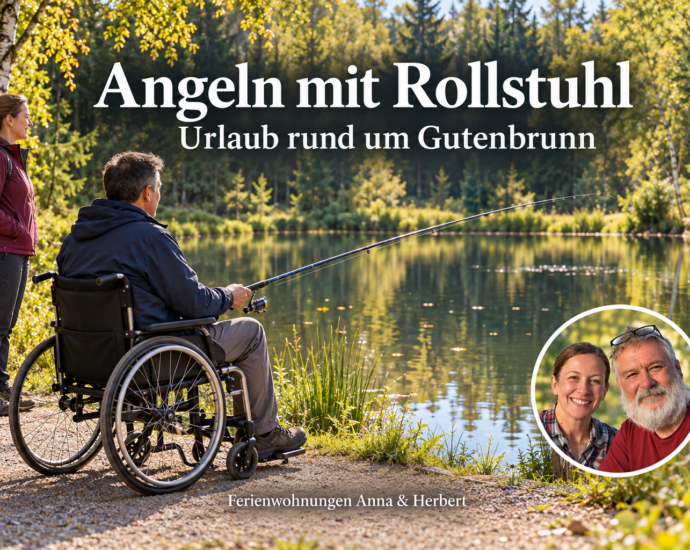 A man in a wheelchair fishing at a forest pond, accompanied by someone else and wearing an "Anna and Herbert" badge.