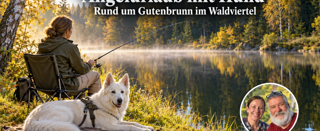 Fishing Vacations with Your Dog Around Gutenbrunn - Gutenbrunn Vacation Rentals A woman fishing with a white Swiss Shepherd by an autumnal forest pond, wearing an "Anna and Herbert" badge.
