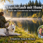 Fishing Vacations with Your Dog Around Gutenbrunn - Gutenbrunn Vacation Rentals A woman fishing with a white Swiss Shepherd by an autumnal forest pond, wearing an "Anna and Herbert" badge.