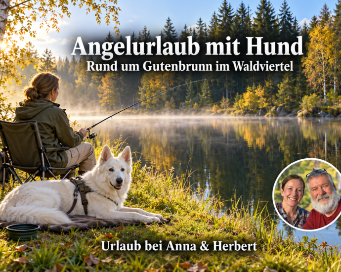Anglerin mit weißem Schweizer Schäferhund an einem herbstlichen Waldteich und Anna-und-Herbert-Badge.