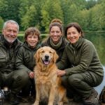angelurlaub-mit-hund-im-waldviertel-planen-der-guide-1790897569 - Ferienwohnungen Gutenbrunn Family of four on a wooden dock by a calm lake with a golden retriever, forest in the background.