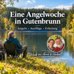 Eine Angelwoche in Gutenbrunn planen - Ferienwohnungen Gutenbrunn Paar beim Angeln an einem Waldteich, mit dem Titel „Eine Angelwoche in Gutenbrunn“ und Anna-und-Herbert-Badge.