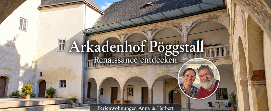 Pohľad na arkádové nádvorie zámku Pöggstall s renesančnými arkádami, vytvorený pomocou umelej inteligencie, a fotografický odznak s Annou a Herbertom.