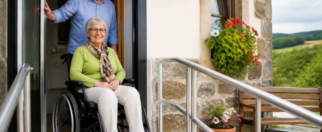 vybavenie-pre-bezbariérové-rekreačné-ubytovanie-kontrolný-zoznam-1792453789 - Rekreačné apartmány Gutenbrunn Staršia žena na invalidnom vozíku pri rampe pri vchode, za ňou stojí usmievajúci sa muž a vonku sú kvetináče s kvetmi.