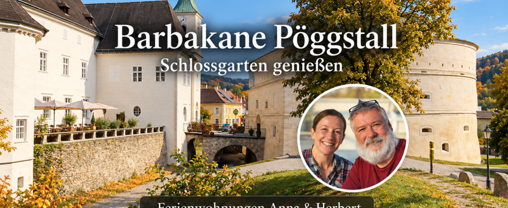 Herbstliche Darstellung der Barbakane und des Schlossgartens Pöggstall mit Porträt von Anna und Herbert.
