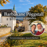 Pöggstall Barbican – Enjoy the Castle Gardens - Gutenbrunn Vacation Rentals An autumnal depiction of the barbican and the Pöggstall Castle Gardens, featuring a portrait of Anna and Herbert.