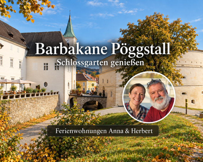 Herbstliche Darstellung der Barbakane und des Schlossgartens Pöggstall mit Porträt von Anna und Herbert.