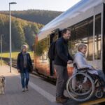 barrierefreie-anreise-ins-waldviertel-mit-offis-1792634570 - Ferienwohnungen Gutenbrunn Man pushes a woman in a wheelchair onto a train as two seniors and a dog walk along the platform.
