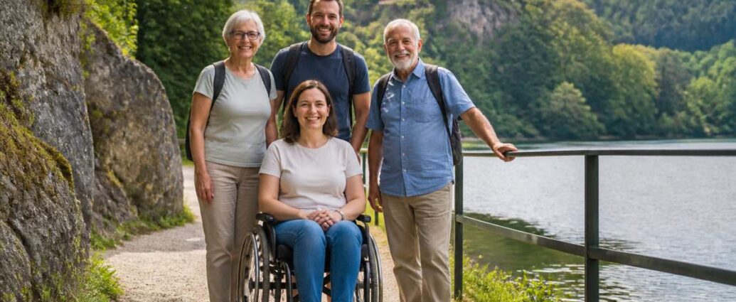 barrierefreie-ausflugsziele-fur-rollstuhlfahrer-in-der-nahe-1790983675-1 - Ferienwohnungen Gutenbrunn A smiling group of four adults posing outdoors beside a lake, one woman in a wheelchair in front, with a castle on a hill in the background.
