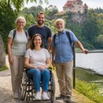 barrierefreie-ausflugsziele-fur-rollstuhlfahrer-in-der-nahe-1790983675-1 - Ferienwohnungen Gutenbrunn A smiling group of four adults posing outdoors beside a lake, one woman in a wheelchair in front, with a castle on a hill in the background.