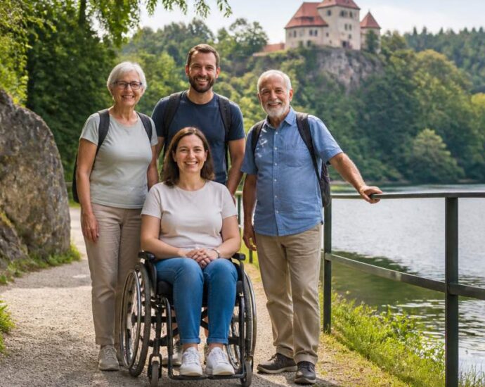 A smiling group of four adults posing outdoors beside a lake, with one woman in a wheelchair in the foreground and a castle on a hill in the background.