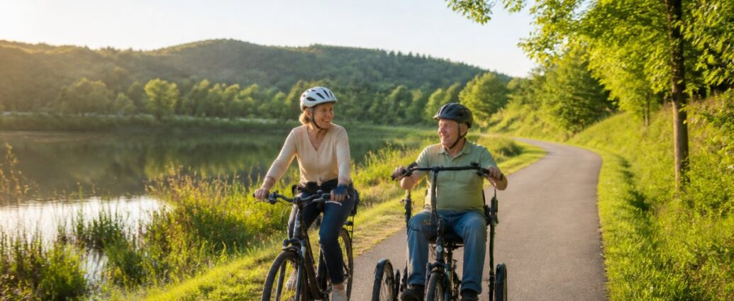 barrierefreie-e-bike-radwege-in-niederosterreich-1792237449 - Ferienwohnungen Gutenbrunn Two people cycling side-by-side on a sunny lakeside path; one rides a regular bike, the other in a handcycle, both wearing helmets.
