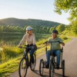 barrierefreie-e-bike-radwege-in-niederosterreich-1792237449 - Ferienwohnungen Gutenbrunn Two people cycling side-by-side on a sunny lakeside path; one rides a regular bike, the other in a handcycle, both wearing helmets.