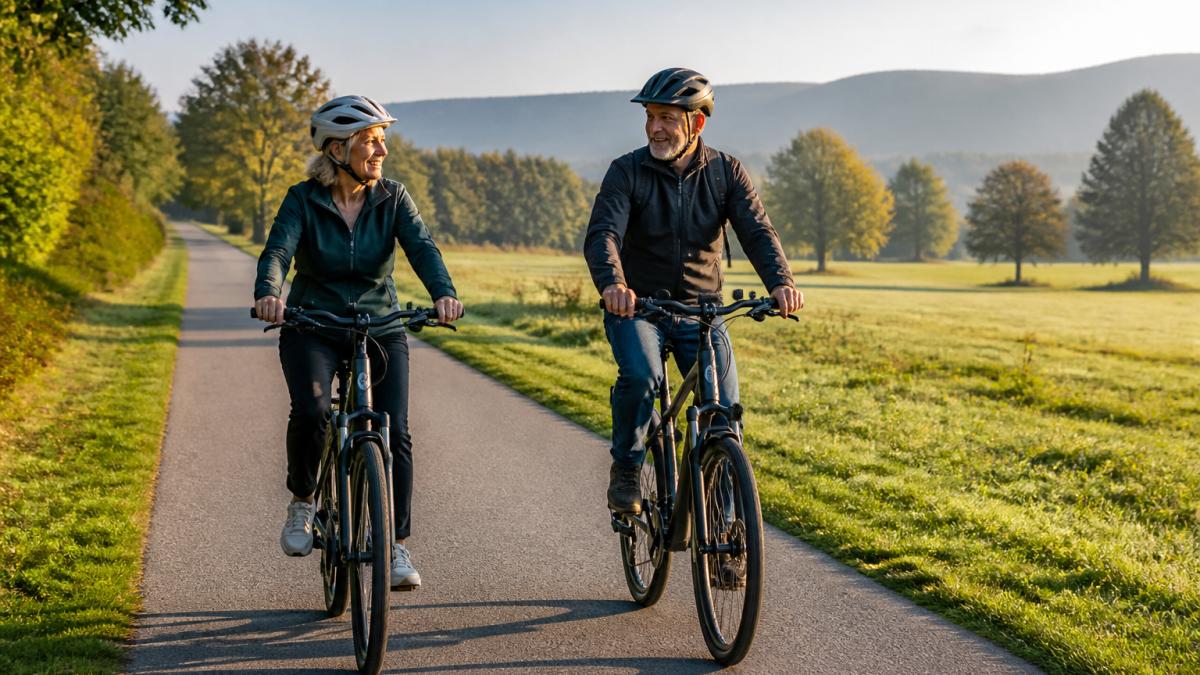 Ein Paar mit E-Bikes auf einem flachen, gut ausgebauten Radweg in grüner Naturlandschaft, mit klarer Sicht auf die ebene Strecke und seitlichen Grünflächen