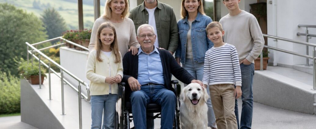 book-accessible-vacation-rental-for-large-families-1790983621 - Gutenbrunn Vacation Rentals Eight family members pose with a golden retriever on a terrace overlooking green hills; the grandfather sits in a wheelchair in the center of the scene.