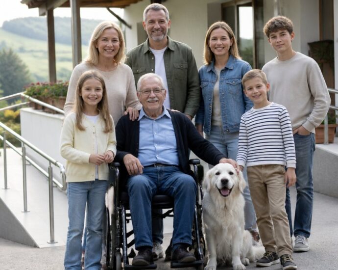 Eight family members pose with a golden retriever on a terrace overlooking green hills; the grandfather sits in a wheelchair in the center of the scene.