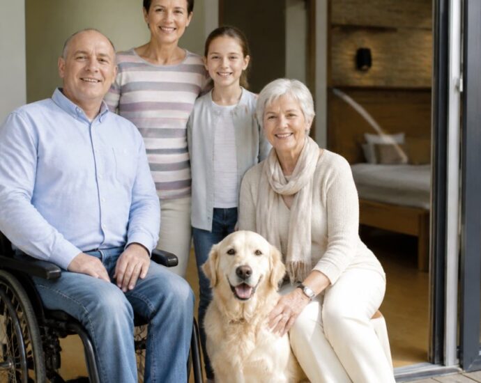 A family of four with a golden retriever on a porch; a man in a wheelchair sits next to an elderly woman wearing a scarf.