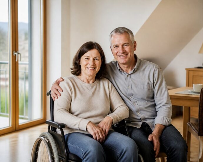 A smiling couple at home; a woman in a wheelchair is sitting next to a man who has his arm around her.