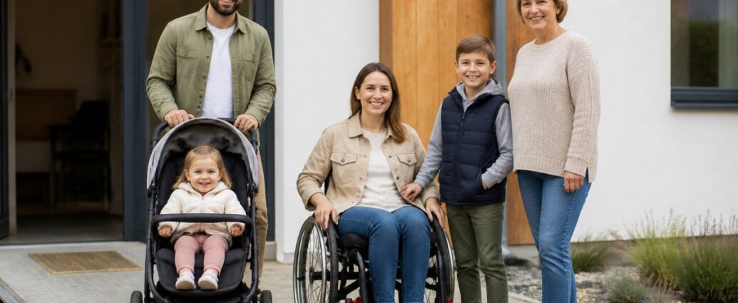 A family of five posing outside a modern home: Dad is pushing a stroller with a smiling baby girl inside, while Mom is sitting in a wheelchair with their older daughter, and a son is standing next to them with an adult woman nearby.