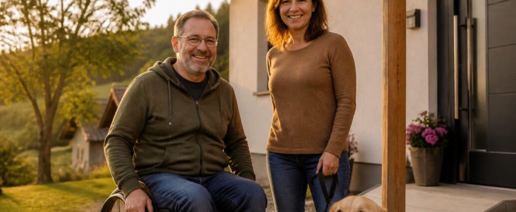 A smiling couple outside a house: a man in a green hoodie in a wheelchair and a woman with a dog on a leash near the entrance, bathed in sunset light.