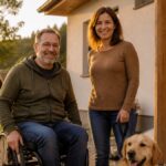 barrierefreie-ferienwohnung-waldviertel-rollstuhl-guide-2026-1791683106 - Ferienwohnungen Gutenbrunn Smiling couple outside a house: a man in a green hoodie in a wheelchair and a woman with a dog on a leash near the entrance, sunset lighting.