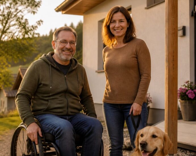 A smiling couple outside a house: a man in a green hoodie in a wheelchair and a woman with a dog on a leash near the entrance, bathed in sunset light.