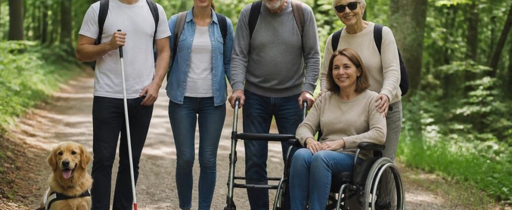 barrierefreie-freizeitangebote-fur-sehbehinderte-1790810989 - Ferienwohnungen Gutenbrunn Diver se group of five smiling adults on a forest path, including a woman in a wheelchair and an older man with a walker, plus a service dog with two companions in sport casual outfits.