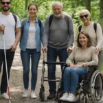 accessible-recreational-activities-for-the-visually-impaired-1790810989 - Gutenbrunn Vacation Rentals A group of five smiling adults on a forest path, including a woman in a wheelchair and an older man with a walker, along with a service dog and two companions dressed in casual athletic wear.