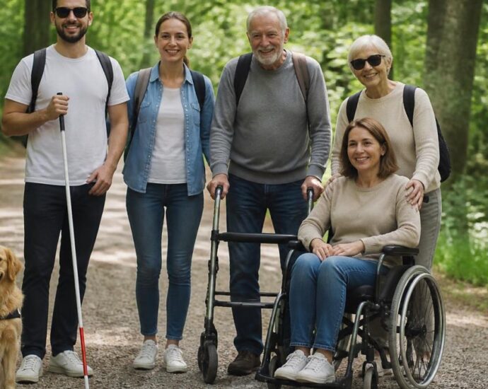 На шумској стази види се група од пет насмејаних одраслих особа, међу којима су жена у инвалидским колицима и старији човек са ходалицом, као и службени пас у пратњи двоје људи обучених у лежерну спортску одећу.