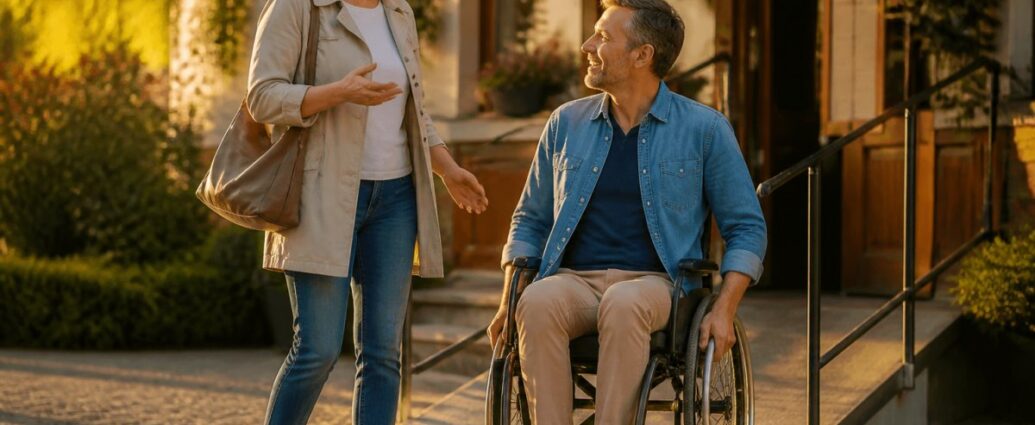 barrierefreie-gastronomie-finden-und-geniessen-1792980582 - Ferienwohnungen Gutenbrunn Two adults meet outdoors on a sunny sidewalk: a woman stands and chats with a man in a wheelchair near a building entrance.