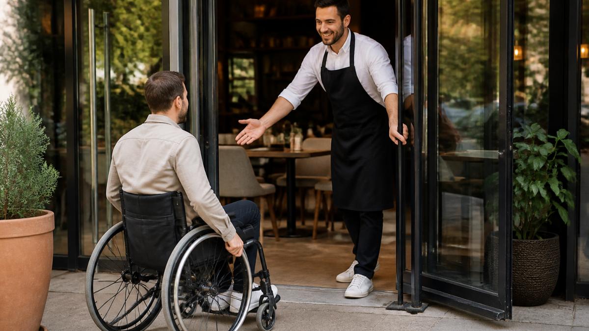 Rollstuhlfahrer beim Eingang eines Restaurants mit ebenem Zugang und breiter Tür, freundlicher Restaurantmitarbeiter hilft