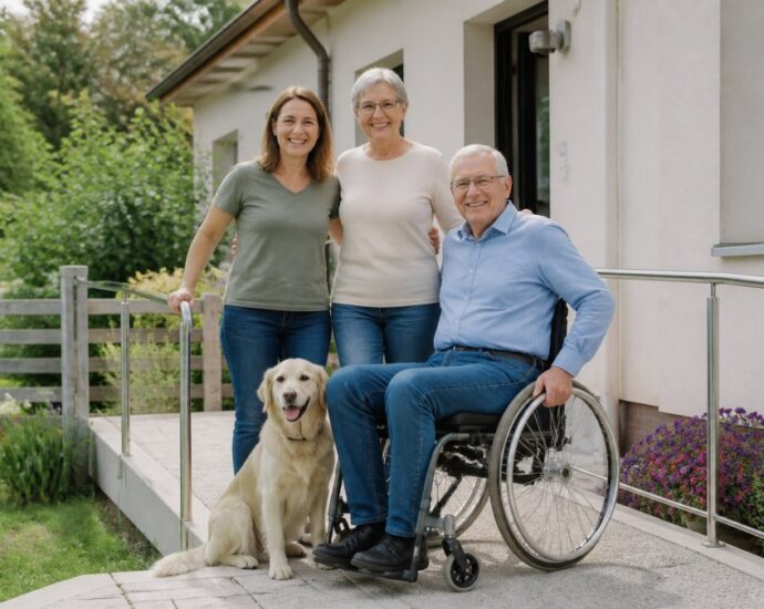 Usmívající se tříčlenná rodina se zlatým retrívrem pózuje před moderním domem; vedle nich sedí muž na invalidním vozíku.