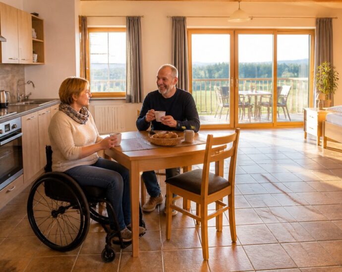 A couple sharing coffee at a wooden table in a bright, open-concept kitchen; a woman in a wheelchair is on the left, and a man is smiling across the table.