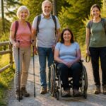 barrierefreie-wanderwege-fur-menschen-mit-gehbehinderung-1791524059 - Ferienwohnungen Gutenbrunn Group of four adults on a sunny forest trail; one person uses a wheelchair, two have trekking poles, a dog on a leash at the right.